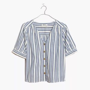 MADEWELL Plaza Button-Front Shirt Puff Sleeve Top Stripe Blue Cream - Size M